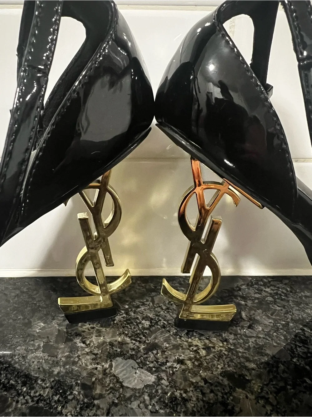 Saint Laurent Black Patent Leather Sandals with Gold YSL Logo Heel - Picture 4 of 6